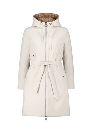 Cream-colored, hip-length coat with a hood, drawstrings, belted waist, and brown quilted lining; features side pockets and a zipper closure.