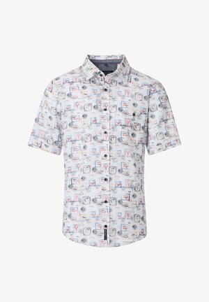 Kurzärmliges Hemd aus leichtem Stoff mit einem bunten Meeresfrüchte-Motiv, das verschiedene Symbole und Muster zeigt; klassischer Kragen, fünf Knöpfe.