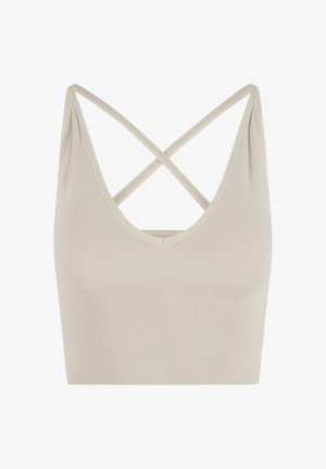 Beżowa, prążkowana koszulka na ramiączkach z głębokim dekoltem w serek i krzyżującymi się plecami. Miękki, elastyczny materiał zwiększa komfort i dopasowanie.