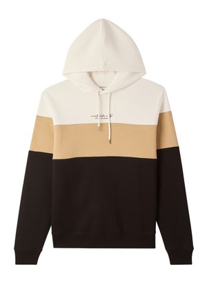 Felpa con cappuccio caratterizzata da un design a blocchi di colore in bianco, beige e nero, con una texture morbida e cordini regolabili.