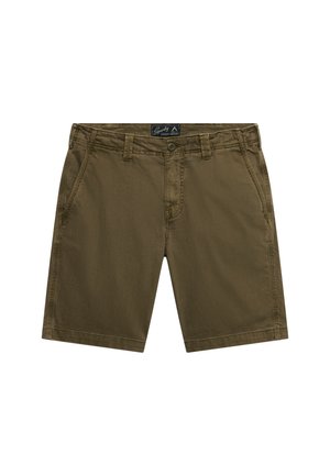 Bruine casual shorts met riemlussen, knoopsluiting, voorzakken en een label aan de binnenkant van de tailleband.
