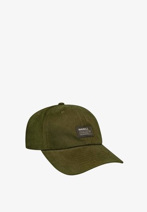 Olive green cap made of fabric with a structured crown, curved visor, and a woven label featuring "REELL" stitched on the front.