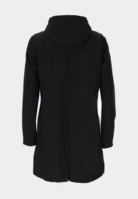 Black coat with a hood, long sleeves, and a straight cut. Smooth fabric and minimalistic design. No visible fastenings or patterns.