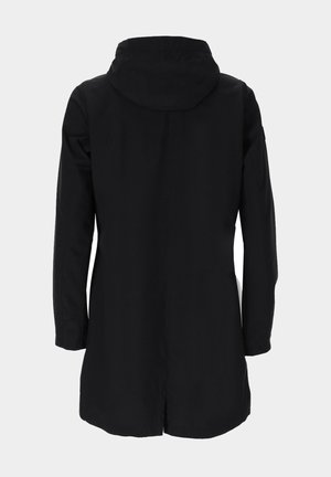 Manteau noir avec capuche, manches longues et coupe droite. Tissu lisse et design minimaliste. Pas de fermetures ni de motifs visibles.