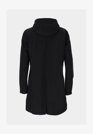 Cappotto nero con cappuccio, maniche lunghe e taglio dritto. Tessuto liscio e design minimalista. Nessun fissaggio o motivo visibile.