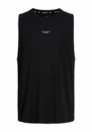 Zwart mouwloos sportshirt met kleine witte tekst "ATHLETIC PURSUIT DRP-03" in het midden van de borst.