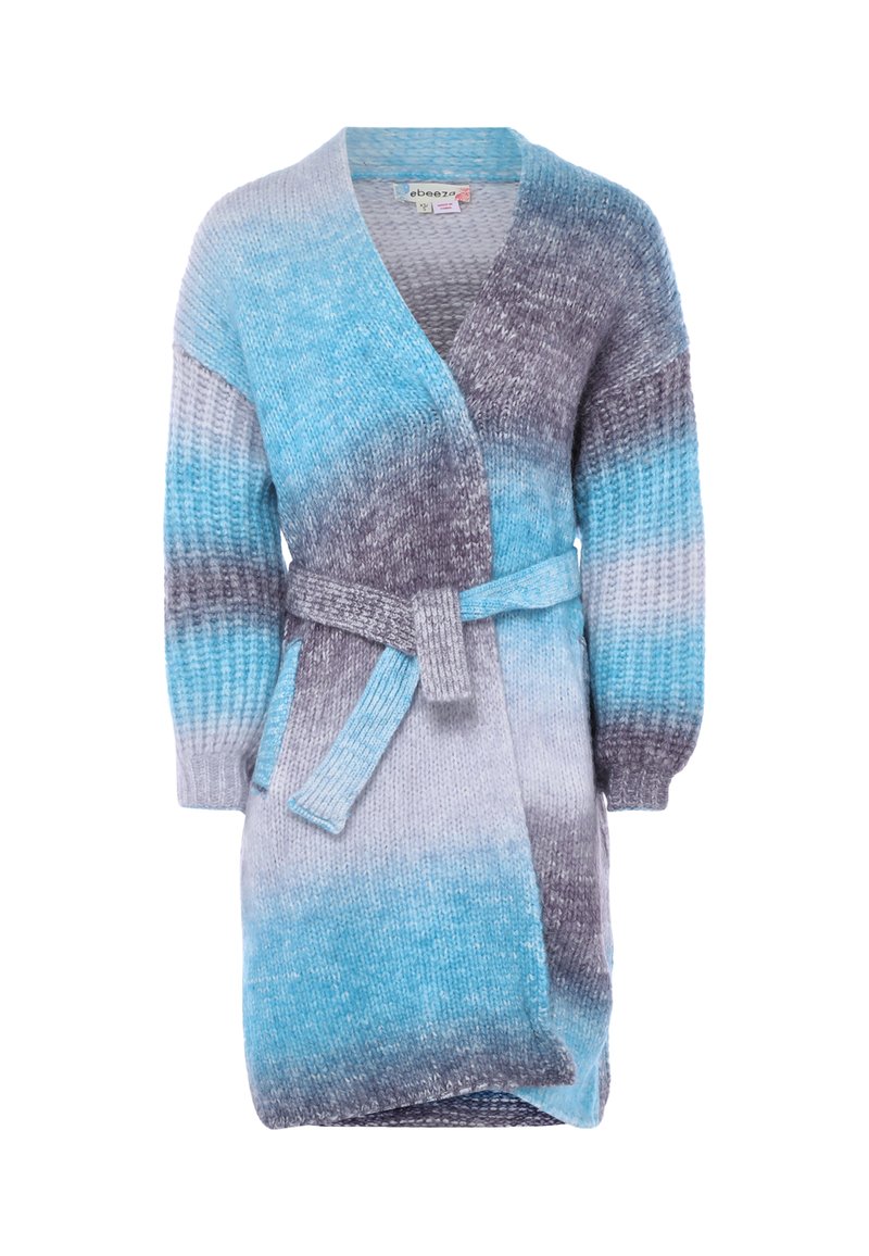 Lång stickad cardigan i gradientnyanser av blått och grått, med en omslagdesign, långa ärmar och ett matchande knytbälte. Texturerat tyg.
