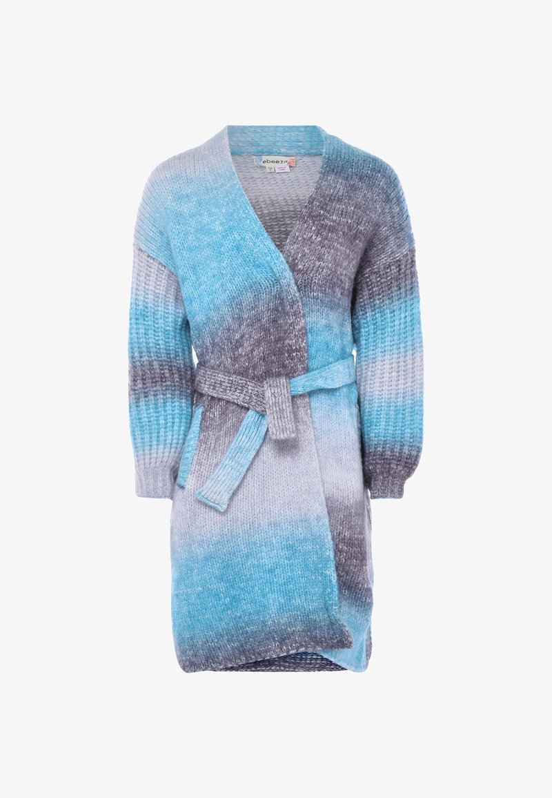 Cárdigan largo de punto en tonos degradados de azul y gris, con diseño envolvente, mangas largas y un cinturón de la misma tela. Tejido texturizado.