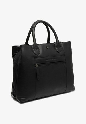 Black leather tote bag with dual handles, zippered front pocket, smooth texture, rectangular shape, and a subtle embossed logo detail.