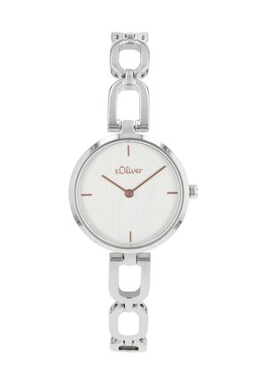 Silberne s.Oliver Armbanduhr mit rundem weißen Zifferblatt, minimalistischen roségoldenen Stundenmarkierungen und Zeigern, verknüpftem Kettenarmband, ohne Zahlen.