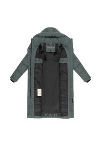 Green padded coat with a black interior, featuring a zip closure, an attached hood, and internal pockets. Brand label visible inside.