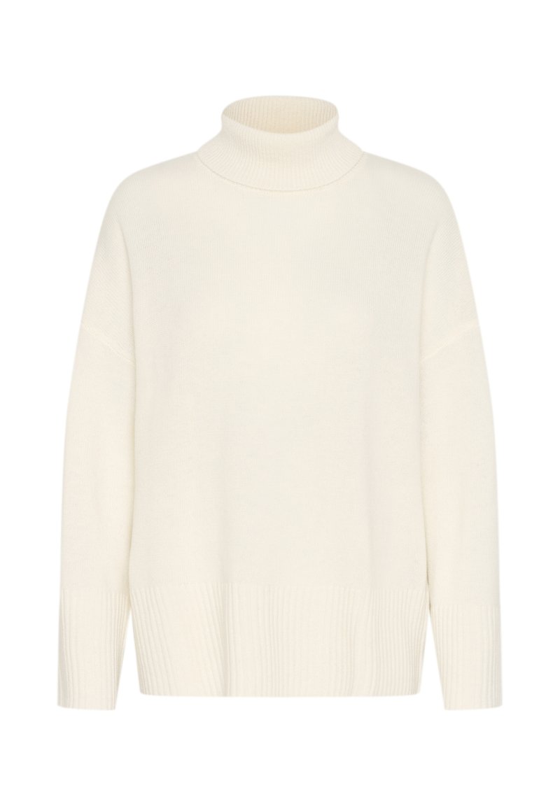 Cremfarbener Rollkragenpullover aus weichem, gestricktem Material. Mit überschnittenen Schultern, sowie gerippten Bündchen und Saum. Leicht und locker geschnitten.