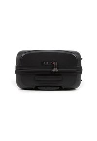 Black suitcase viewed from the back, featuring zippers, a combination lock, and a handle for easy transport.