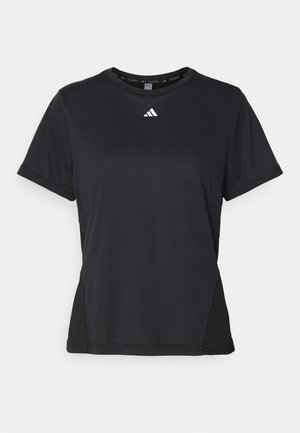 Schwarzes Sport-T-Shirt mit kurzen Ärmeln, rundem Halsausschnitt und einem weißen Logo auf der Brust. Hergestellt aus glattem, dehnbarem Stoff.