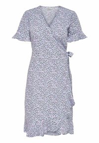 Robe portefeuille violet clair avec petit imprimé floral noir et blanc, manches courtes volantées et détail noué à la taille.