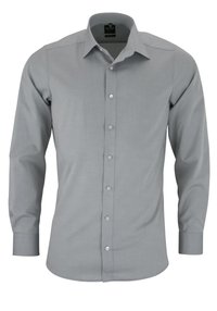 Graues Langarmshirt aus glattem Stoff, mit durchgehender Knopfleiste, spitze Kragen und subtiler Textur ohne Muster.