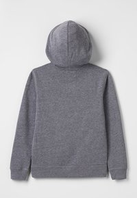 Grijze capuchontrui met lange mouwen, van achteren getoond op een effen witte achtergrond.