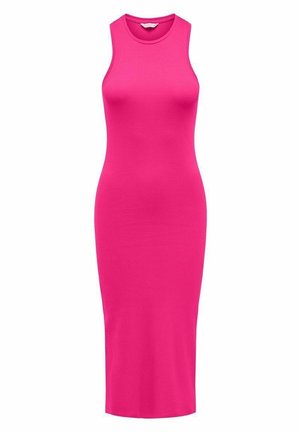 Enganliegendes geripptes Kleid in leuchtendem Pink, ärmelloses Design mit Rundhalsausschnitt, knielang, aus dehnbarem Strickmaterial für angenehmen Tragekomfort.