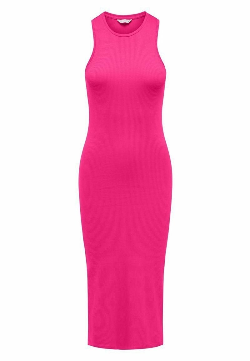 Abito aderente a coste di un vivace colore rosa, senza maniche, con scollatura tonda, lunghezza al ginocchio, realizzato in materiale tricot elasticizzato per garantire comfort.