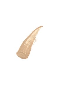 Échantillon de fond de teint beige, texture lisse, finition légèrement brillante, forme effilée avec des coups de pinceau visibles sur un fond blanc.