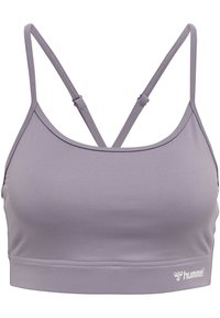 Hummelsport bh in licht lavendel, met dunne verstelbare banden, een fitted ontwerp, een gladde textuur en een gebrandmerkte logo op de onderrand.