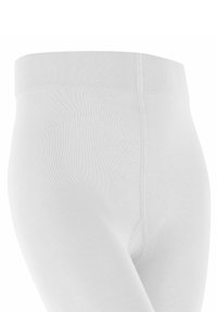 Witte panty gemaakt van rekbaar materiaal met een brede elastische tailleband, met een gladde textuur, naadloze zijkanten en een nauwsluitend ontwerp.