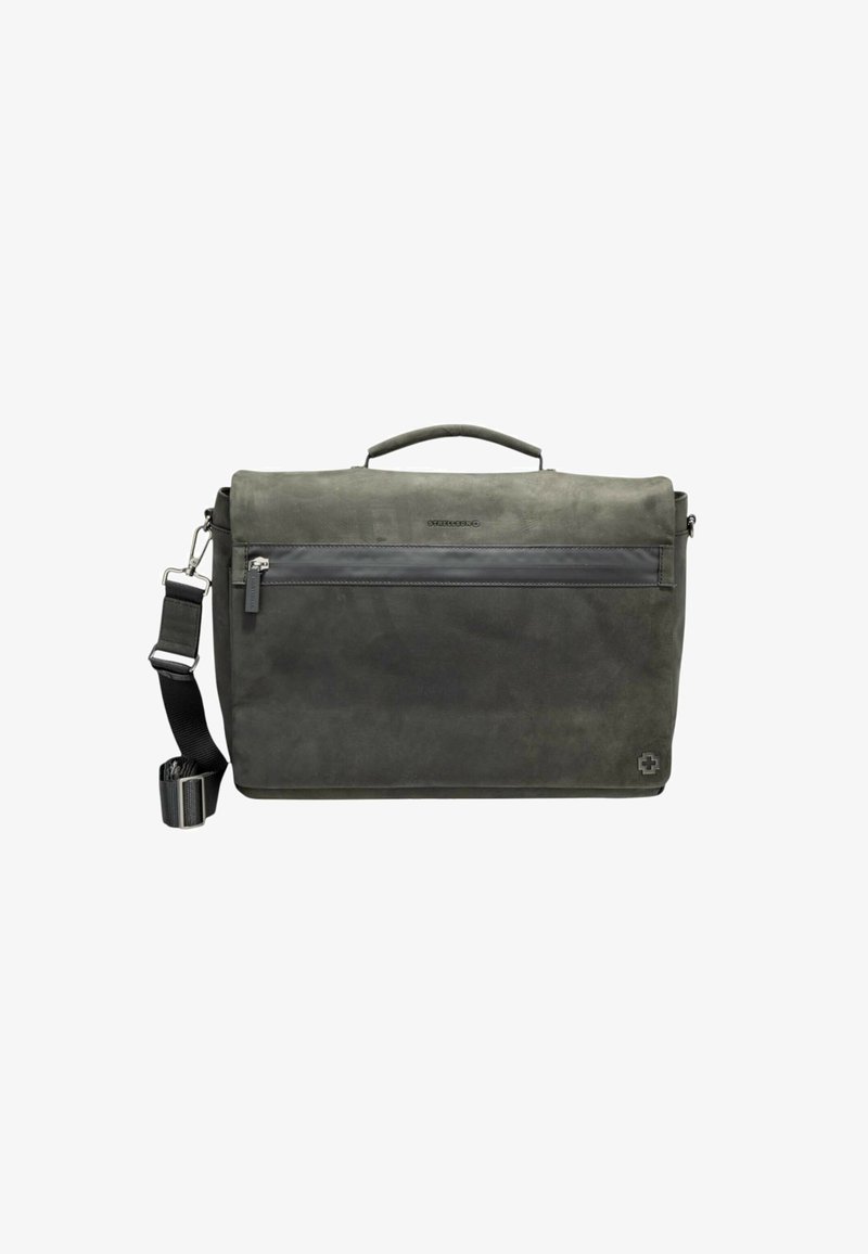 Grijze leren messenger bag met een handvat aan de bovenkant en een verstelbare schouderband, voorzien van een voorzak met rits en een gestructureerde afwerking.