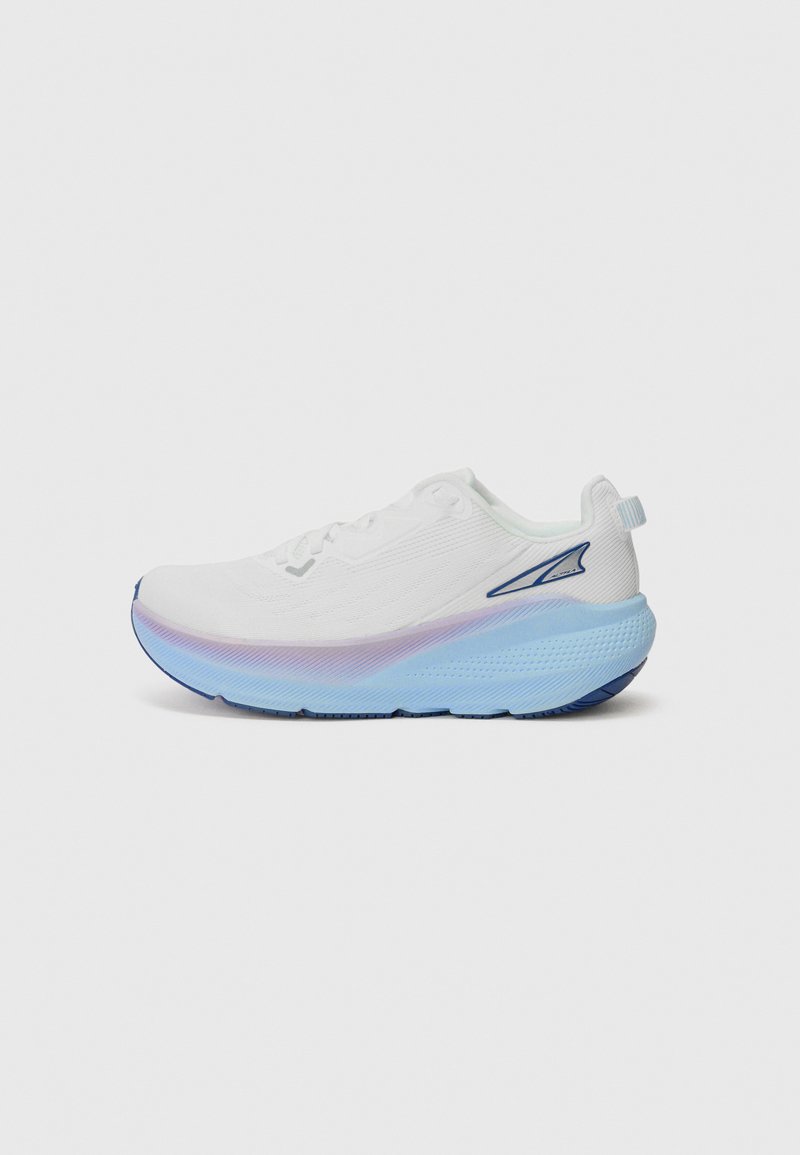 White running shoe with a textured upper, featuring a gradient sole in blue and purple hues, and a small accent logo on the side.
