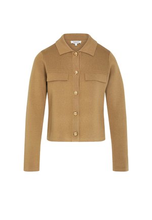 Giacca a maglia marrone con maniche lunghe, colletto, due tasche frontali e bottoni dorati. Texture liscia, design corto.