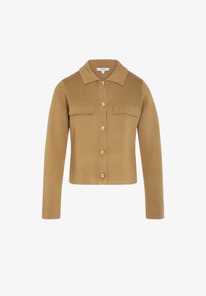 Giacca a maglia marrone con maniche lunghe, colletto, due tasche frontali e bottoni dorati. Texture liscia, design corto.