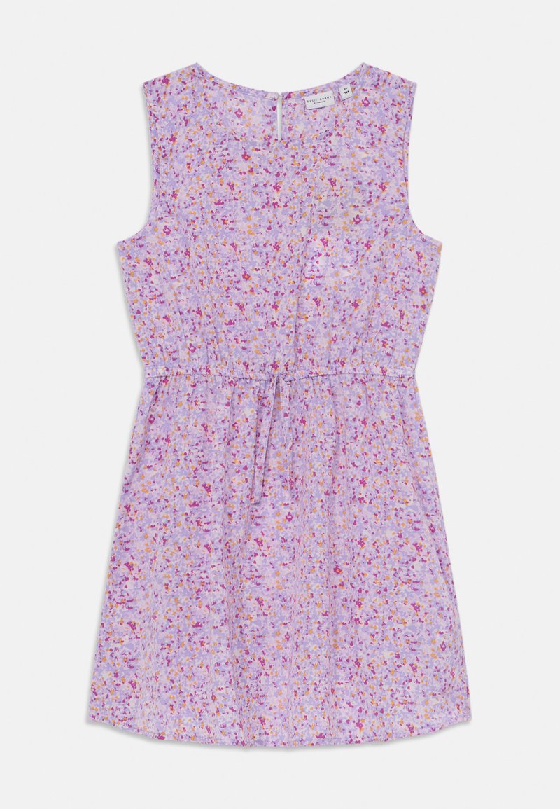 Floral dress featuring a lilac base, dotted with small pink, yellow, and purple flowers. Sleeveless design with a gathered waist and tie detail.