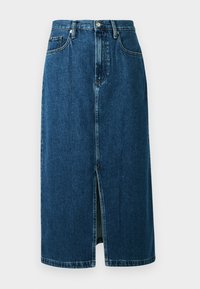 Jeansskjørt i mørkeblått, med rett design, frontslitt og standard midjebånd med klassisk fem-lomme stil.