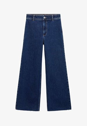 Dunkelblaue weite Jeans aus Denim. Mit hoher Taille, Knopf- und Reißverschluss vorne und fransigem Saum.
