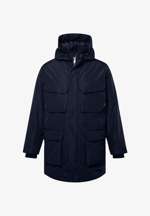 Marineblauer wasserdichter Parka mit hohem Kragen, mehreren Fronttaschen, Reißverschluss und anpassbarer Kapuze. Glatte Textur und minimalistisches Design.