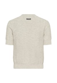 Pulover tricotat cu mânecă scurtă, de culoare bej deschis, cu manșete și tiv ondulat, și un mic etichetă neagră IW.EDITION pe partea superioară a spatelui.