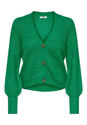 Grüne, gestrickte V-Ausschnitt-Strickjacke mit drei dunklen Knöpfen und langen, gepufften Ärmeln mit enganliegenden Bündchen.