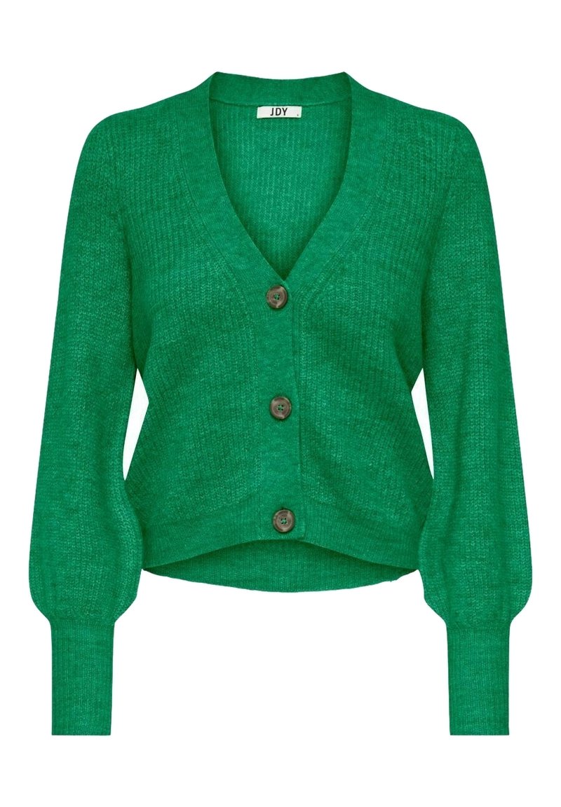 Cardigan vert à col en V en maille avec trois boutons foncés et manches longues bouffantes avec poignets ajustés.
