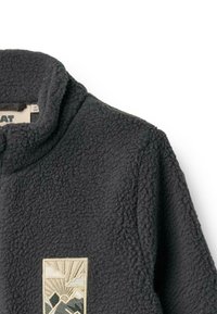Mörkgrå fleecejacka med hög krage och en rektangulär broderad lapp som föreställer berg och en soluppgång.