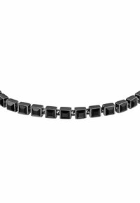 Bracciale in metallo lucido con borchie nere. Presenta una successione alternata di maglie quadrate e rettangolari, con una finitura liscia e lucida.