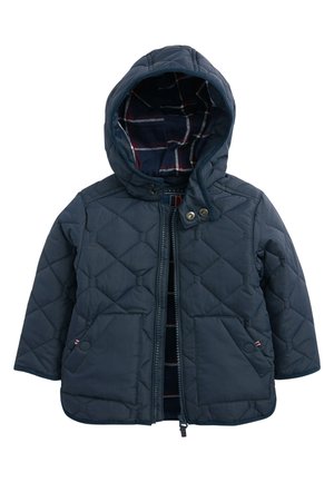 Marinblå quiltet jakke med hætte, der har trykknap- og lynlås Lukning, to frontlommer og et ternet for.