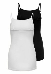 Two camisole tops in black and white, made of a smooth, stretchy fabric. Each features thin adjustable straps and a fitted design.