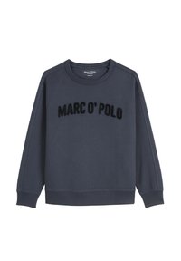 Felpa blu scuro realizzata in misto cotone, con collo a giro, maniche lunghe e logo "MARC O'POLO" in un carattere nero testurizzato.