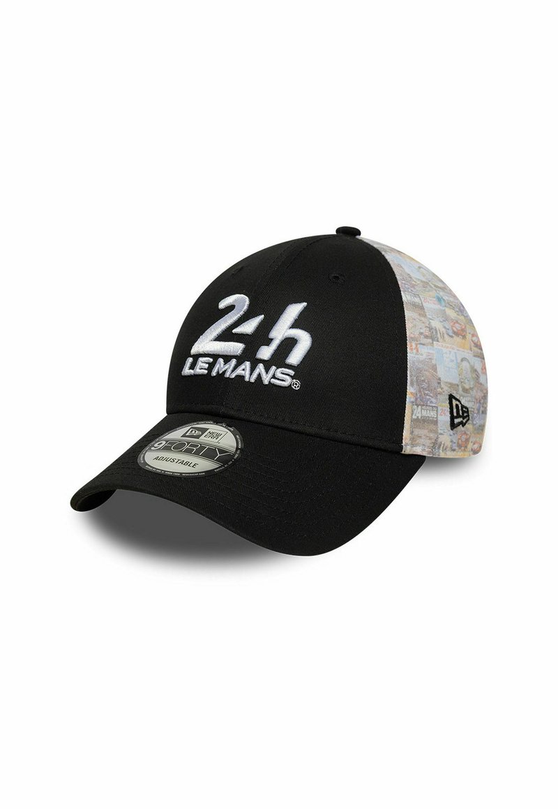 Schwarze Kappe mit gesticktem 2h Le Mans-Logo in Weiß. Verfügt über einen gemusterten Stoff an den Seitenpanelen. Verstellbare Passform, gebogener Schirm.