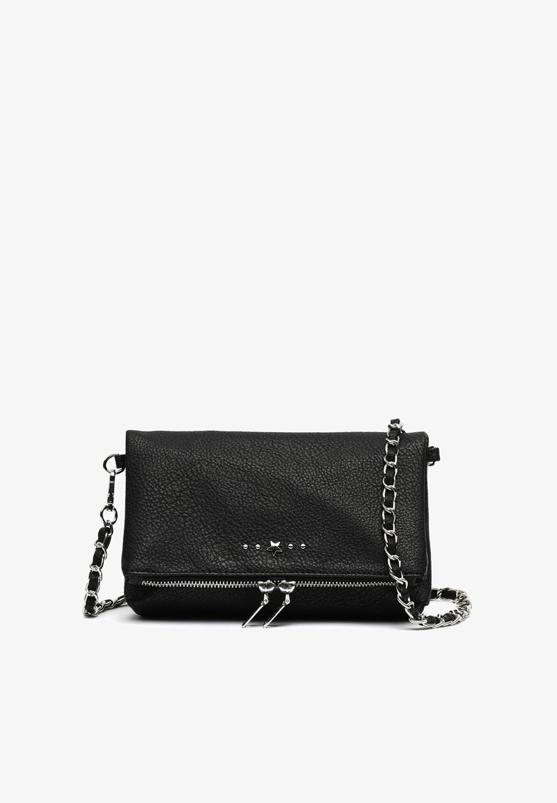 Black leather crossbody bag with a zip closure, silver chain strap, and decorative star accents along the front. Textured surface.