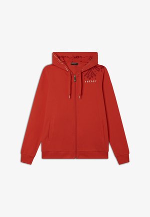 Felpa rossa con zip e cappuccio regolabile, tasche laterali e un motivo floreale in alto a sinistra. Presenta la scritta "FREDDY" in testo argento.