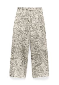 Spodnie z szerokimi nogawkami w szarym i białym marmurowym wzorze, z dwoma tylnymi kieszeniami i szlufkami na pasek w talii.