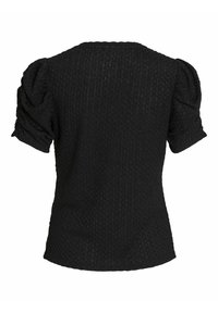 Blouse noire texturée à manches courtes avec épaules bouffantes et encolure ronde, vue de dos.