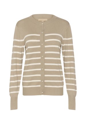 Cardigan bej cu dungi albe orizontale, guler rotund, închidere cu nasturi, mâneci lungi și o textură moale de tricot.