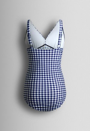 Modrobílý kostkovaný jednodílný plavky s nastavitelnými ramínky a vestavěnou bílou podprsenkou s lehkým polstrováním.