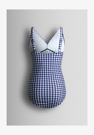Modrobílý kostkovaný jednodílný plavky s nastavitelnými ramínky a vestavěnou bílou podprsenkou s lehkým polstrováním.